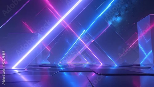 Abstract geometric shapes are illuminated by neon lights against a starry night background, creating a futuristic scene.