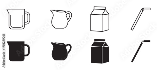 Set of black drink container icons including a mug, pitcher, milk carton, and straw in both outline and solid silhouette styles for graphic design