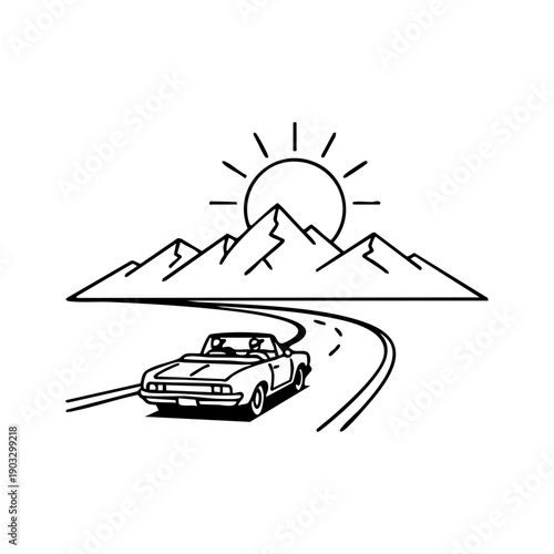 road trip scene with car, mountains, and sun