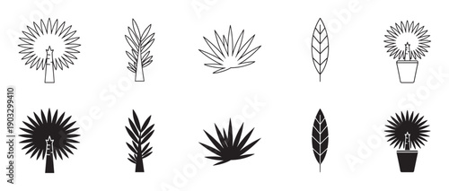 Black palm tree and tropical plant icons in minimalist line art and silhouette styles, a collection of graphic design elements with fronds, leaves, and potted plants