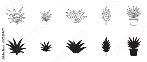 Set of minimalist plant icons in both black silhouette and clean line art styles, featuring various succulents, leaves, and a potted houseplant