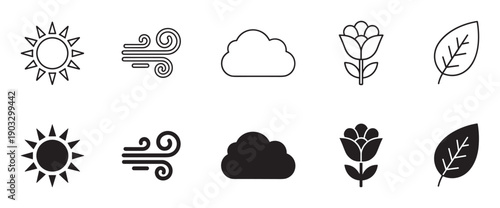 Black nature and weather icon set in two styles, line art and solid silhouette, showing a sun, wind, cloud, flower, and leaf for user interface design