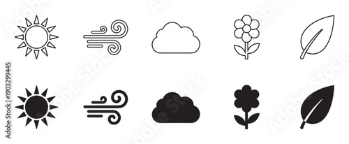 Set of black nature and weather icons including a sun, wind, cloud, flower, and leaf, presented in both minimalist outline and solid silhouette graphic styles