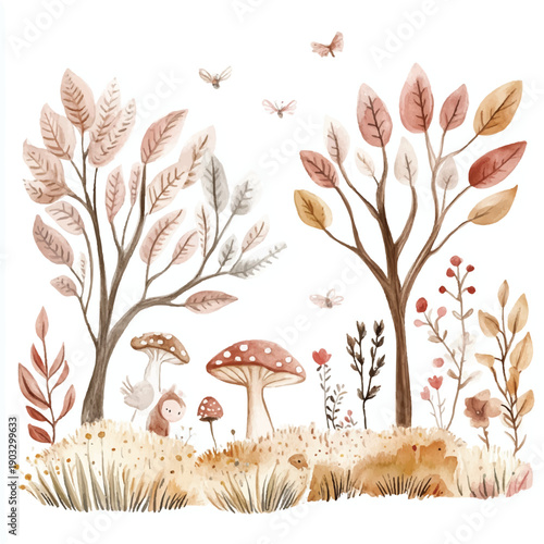 Whimsical Watercolor Autumn Forest Scene with Trees and Mushrooms.