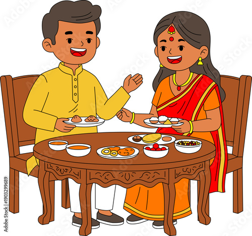 Illustration of A couple sitting together at a table laden, sharing a meal and enjoying the festive for Holi Indian Festival.