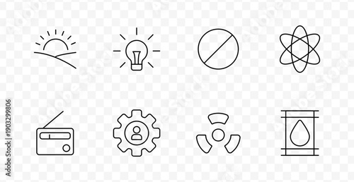 Energy set icon. Sunrise, bulb, prohibited, atom, radio, gear user, turbine, fuel tank outlined using minimal black strokes on transparent grid background.