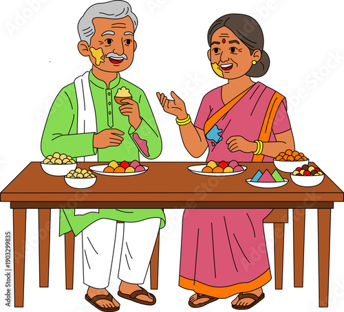 Illustration of An older couple, likely grandparents, sitting at a table sharing food and conversation with their faces covered in colors for Holi Indian Festival.