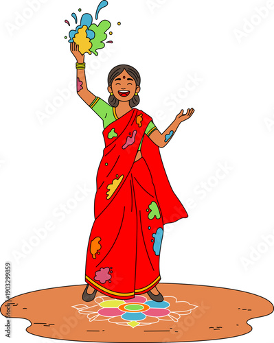 Illustration of A woman throwing handfuls of colored powder into the air for Holi Indian Festival.