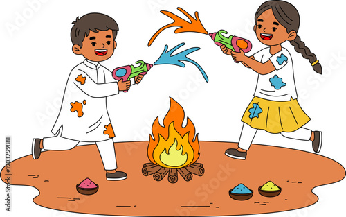 Illustration of Two children playfully engaging in the water-fight aspect of Holi, aiming their water guns for Holi Indian Festival.