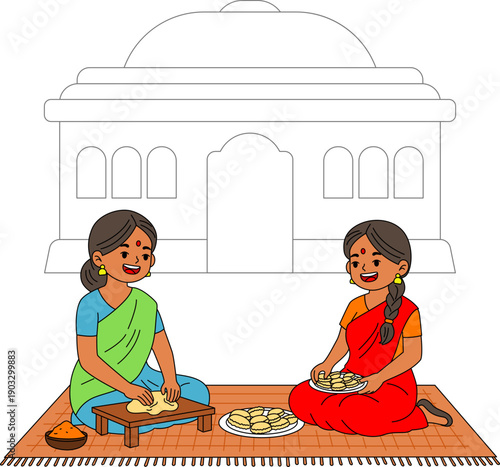 Illustration of Two woman sitting together, preparing food or maybe kneading dough for snacks like Gujiya for Holi Indian Festival.