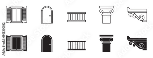 Classic architectural building elements icon collection showing a window, door, railing, column, and bracket in simple black outline and solid silhouette vector illustrations