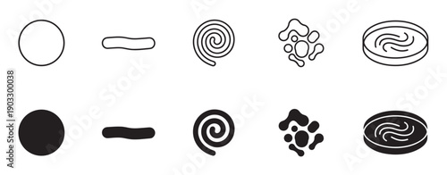 Black bacteria and microorganism icon set showing different shapes like coccus, bacillus, and spirillum in outline and solid glyph styles for science and biology concepts