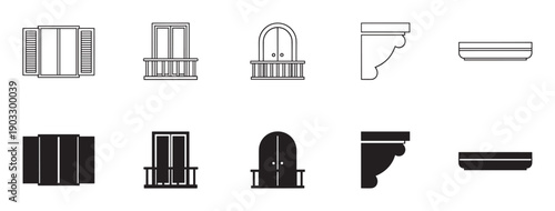 Architectural elements icon set with windows, balconies, and molding profiles shown in both outline and solid black silhouette styles for graphic design and illustration