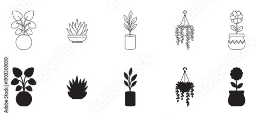 Collection of houseplant icons in pots featuring two distinct styles, a clean line art version and a solid black silhouette version, illustrating various indoor plants and flowers