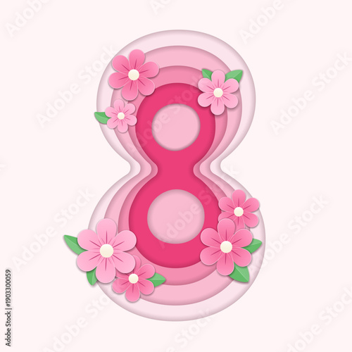 High-angle, detailed Papercut style illustration of the number 8 entwined with vibrant spring flowers and green leaves. Ideal for holiday greetings, feminist posters, and spring-themed marketing mater