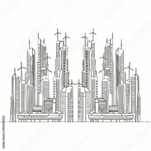 Line art illustration of a futuristic sustainable city skyline featuring modern skyscrapers and wind turbines, representing green energy and urban development.