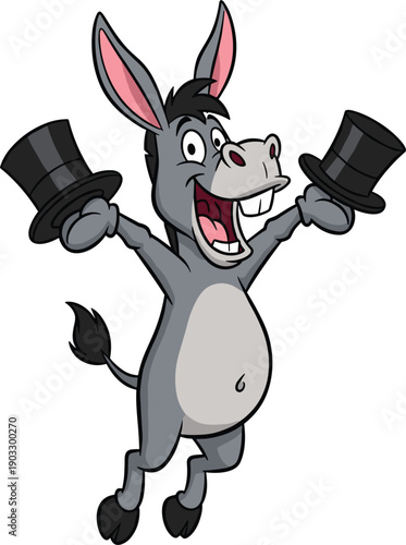 Happy Cartoon Donkey Mascot Character Jumping With Joy And Holding Two Black Top Hats For Entertainment Or Celebration Vector Illustration