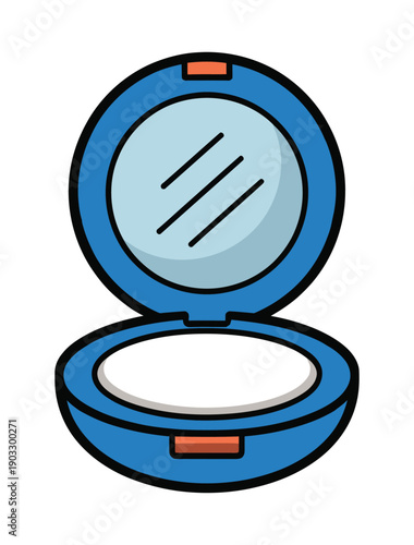 Cartoon illustration of an open blue compact mirror with white face powder inside, ready for a beauty touch-up.