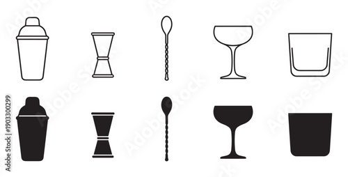 Black barware and cocktail tool icon set with a shaker, jigger, spoon, and glasses in two styles, clean line art and solid black silhouettes for mixology concepts