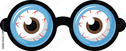 Funny cartoon eyeball glasses illustration. Crazy eyes inside round spectacles with blue rings. Creative vector design for humor graphics, stickers, and quirky concepts.