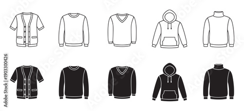 Men's apparel icon set with various tops like a sweatshirt, v-neck sweater, hoodie, turtleneck, and cardigan, illustrated as both a simple black outline and a solid silhouette vector
