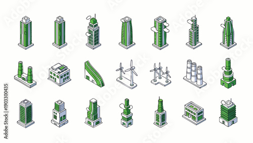 Isometric Green Energy Buildings and Structures Collection: Eco-Friendly Architecture for Sustainable Cities