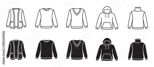 Set of sweater and sweatshirt vector icons showing different styles like cardigans, hoodies, and turtlenecks in both minimalist line art and solid black silhouette designs