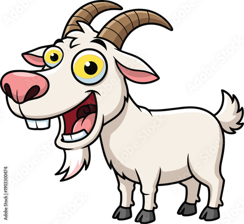 Happy Cartoon Goat Mascot Character With Large Goofy Eyes And Horns Standing On White Background For Farm Animal Vector Illustration