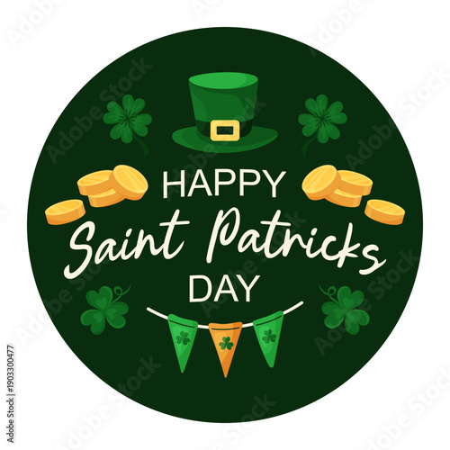 Round Saint Patricks Day web banner. Hat, clover and gold coins on dark green background. Holiday greeting card. Hand drawn vector illustration.