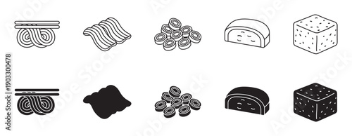 Set of minimalist food icons in outline and solid glyph styles featuring ramen noodles, pork belly, narutomaki fish cake, and tofu ingredients for Japanese cuisine