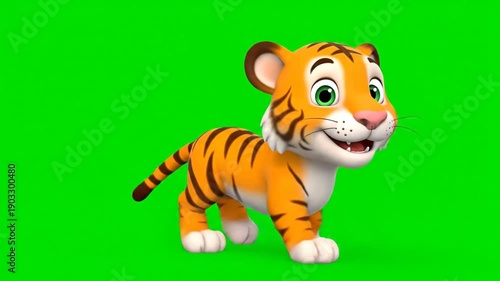 A cheerful cartoon tiger in a video business presentation, standing on a green background, viewed from a slight angle.