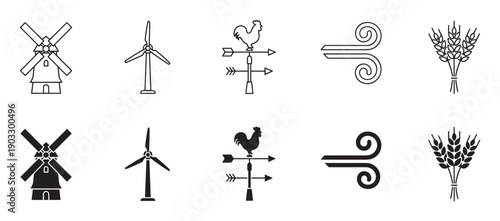 Set of black wind and agriculture icons showing a windmill, turbine, weathervane, and wheat in both outline and solid silhouette styles for graphic design
