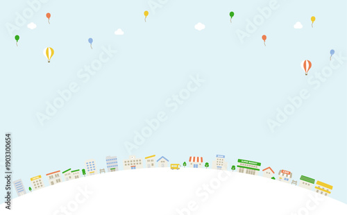 青空とかわいい街並みの風景　背景イラスト　コピースペース