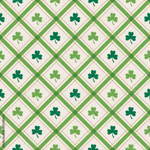 Seamless Saint Patrick Shamrock Leaves On Diagonal Plaid