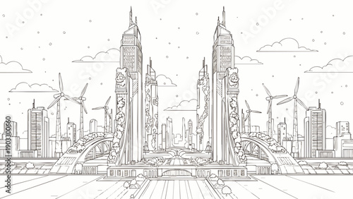 Futuristic cityscape with skyscrapers, wind turbines, and clean energy infrastructure, representing sustainable urban development and eco-friendly technology.