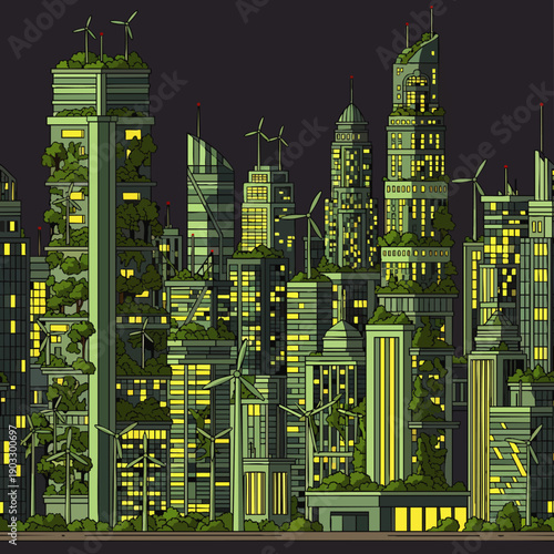 Futuristic eco-friendly cityscape with green skyscrapers, wind turbines, and lush vegetation at night