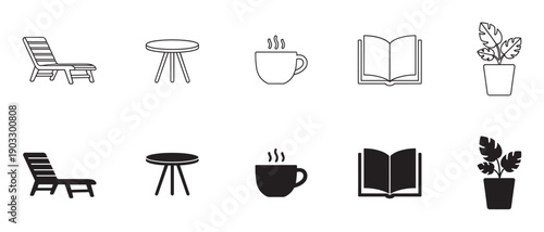 Collection of black and white icons for relaxation and leisure, showing a lounge chair, table, hot drink, book, and plant in both outline and solid silhouette styles