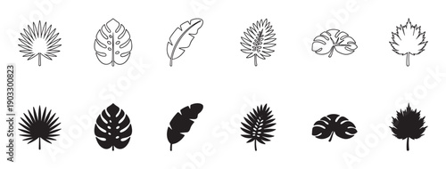 Collection of black tropical leaf icons presented in two distinct styles, outline and solid silhouette, showcasing various exotic plants like monstera, palm, and fern