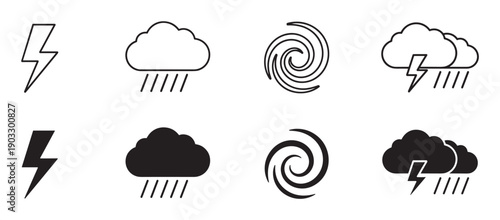Collection of minimalist weather condition icons depicting a storm, lightning bolt, rain cloud, and hurricane symbol in both outline and filled vector illustration styles