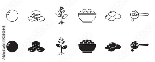 Black soybean icon collection in outline and solid glyph styles featuring a single bean, plant, bowl, and scoop for food, agriculture, and nutrition concepts