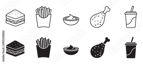 Collection of black fast food vector icons featuring a sandwich, fries, sauce, chicken, and a drink, shown in both a minimalist line art style and a solid black glyph version