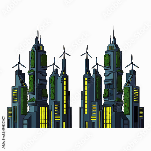 Futuristic eco-friendly skyscrapers with vertical gardens and wind turbines, representing sustainable urban development and green technology