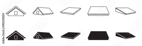 Set of black house roof icons in outline and solid silhouette styles shows various architectural designs, including gable and shed roofs, from front and isometric perspectives