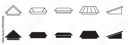 Set of various house roof icons in outline and silhouette styles showing different architectural designs like gable, hip, and shed for construction or real estate concepts