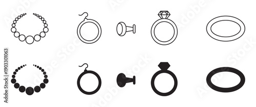 Collection of black jewelry icons featuring a necklace, ring, earring, and cufflink in both minimalist line art and solid silhouette styles for graphic design