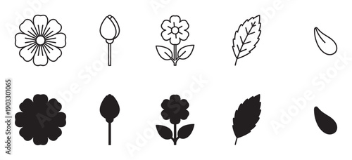 Collection of black floral icons showing flowers, buds, leaves, and petals in both line art and solid silhouette styles for graphic design and decoration