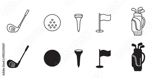 Set of black golf equipment icons showing a club, ball, tee, flag, and bag in two different styles, line art and solid silhouette, for sports and recreation concepts