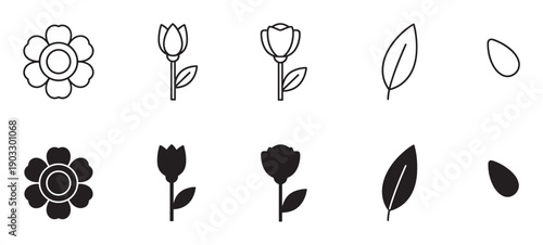 Collection of minimalist flower and plant icons presented in both outline and solid glyph styles, including a rose, tulip, leaf, and seed for user interface design