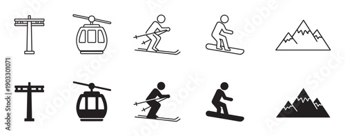 Set of black ski resort icons showing a skier, snowboarder, gondola, and mountains in both line art and solid silhouette styles for winter sports graphic design