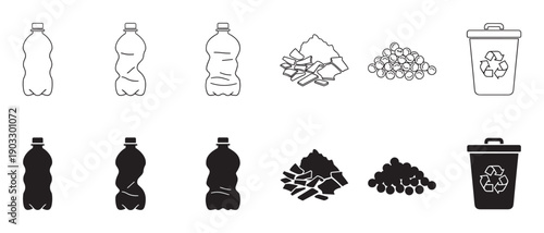 Plastic bottle recycling process icon set shows the stages from whole container to flakes and pellets in a minimalist line art and silhouette style for environmental infographics